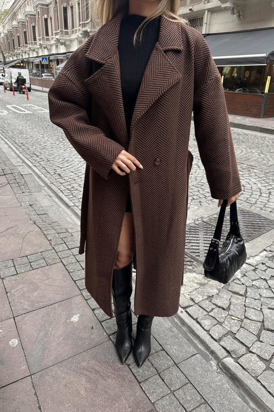 Zikzak Oversize Maxi Kaban Kahve