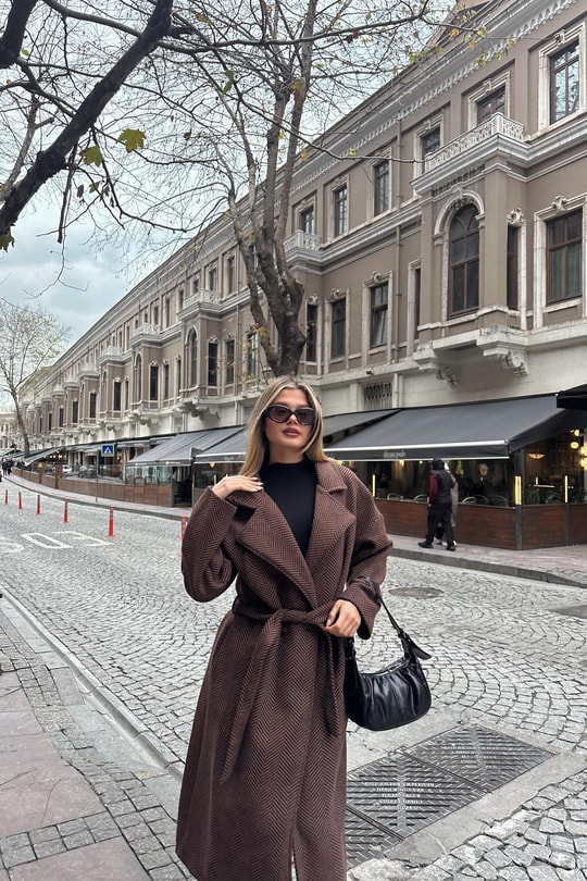 Zikzak Oversize Maxi Kaban Kahve