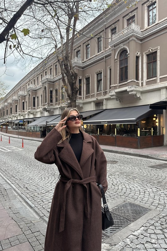Zikzak Oversize Maxi Kaban Kahve