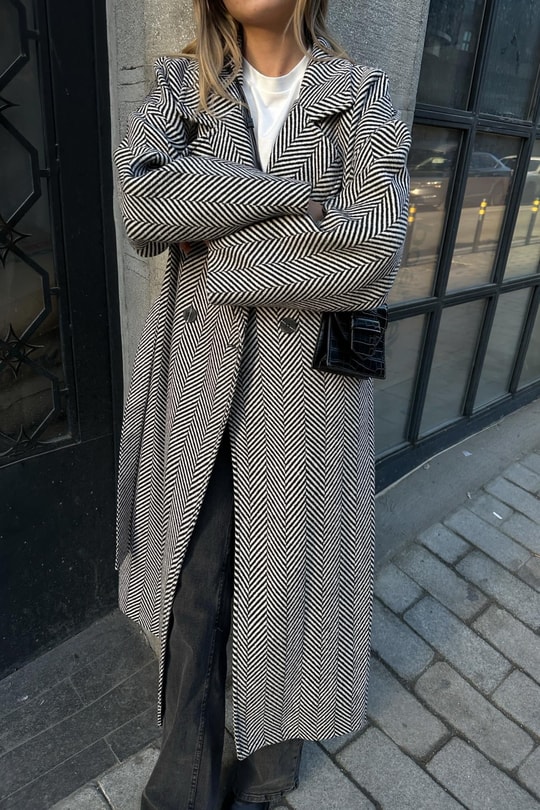 Zikzak Oversize Maxi Kaban Siyah