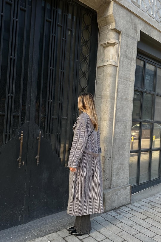 Zikzak Oversize Maxi Kaban Siyah