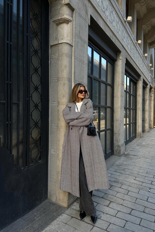 Zikzak Oversize Maxi Kaban Siyah