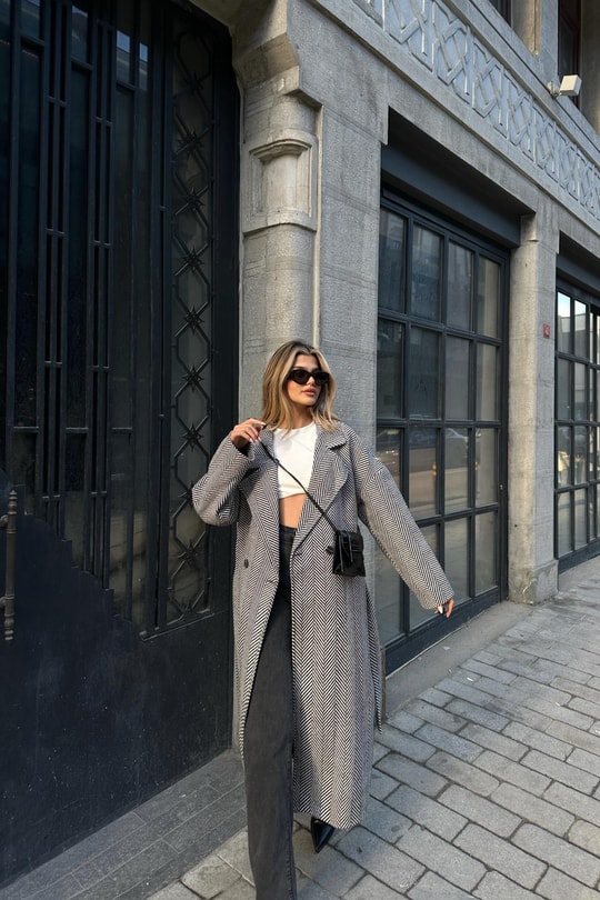 Zikzak Oversize Maxi Kaban Siyah