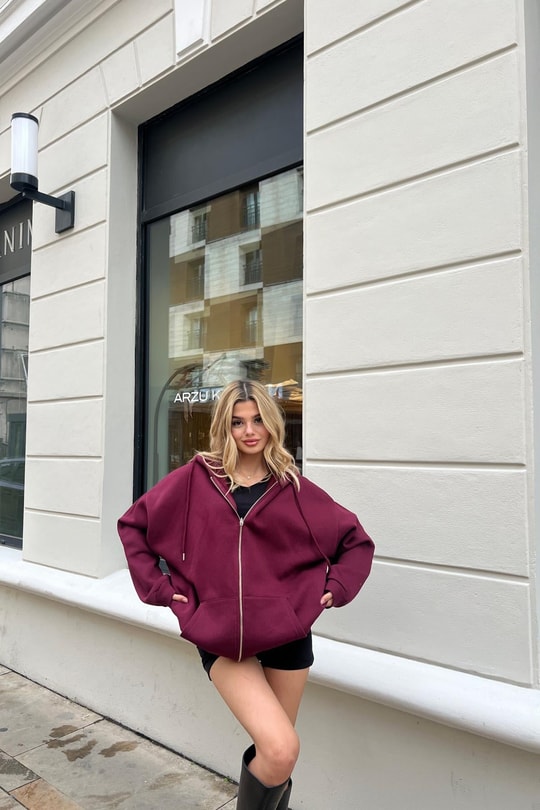 Kanguru Cep Kapüşonlu Hırka Bordo