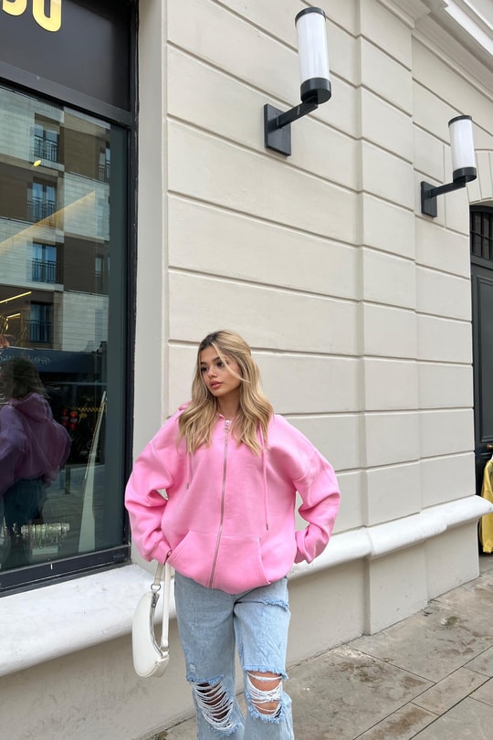 Kanguru Cep Kapüşonlu Hırka Pembe