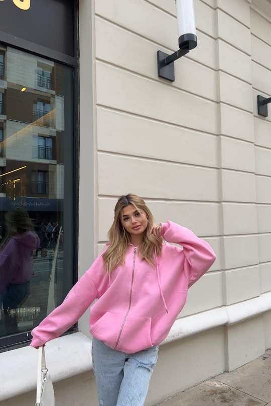 Kanguru Cep Kapüşonlu Hırka Pembe