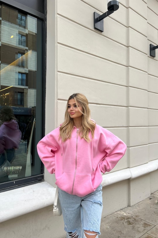 Kanguru Cep Kapüşonlu Hırka Pembe