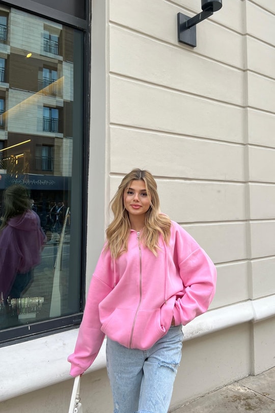 Kanguru Cep Kapüşonlu Hırka Pembe