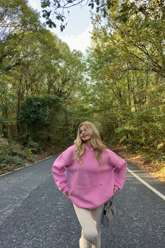 Kanguru Cepli Kapüşonlu Sweatshirt Pembe