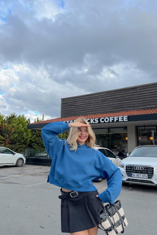 Kapüşonlu Crop Sweatshirt İndigo