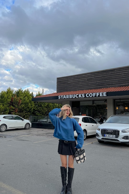 Kapüşonlu Crop Sweatshirt İndigo