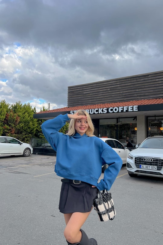 Kapüşonlu Crop Sweatshirt İndigo