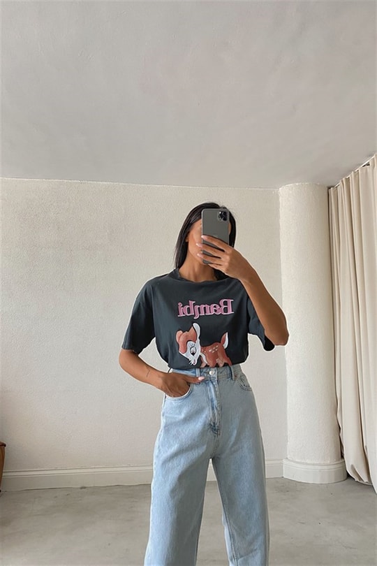 Bambi Yıkamalı T-Shirt Füme
