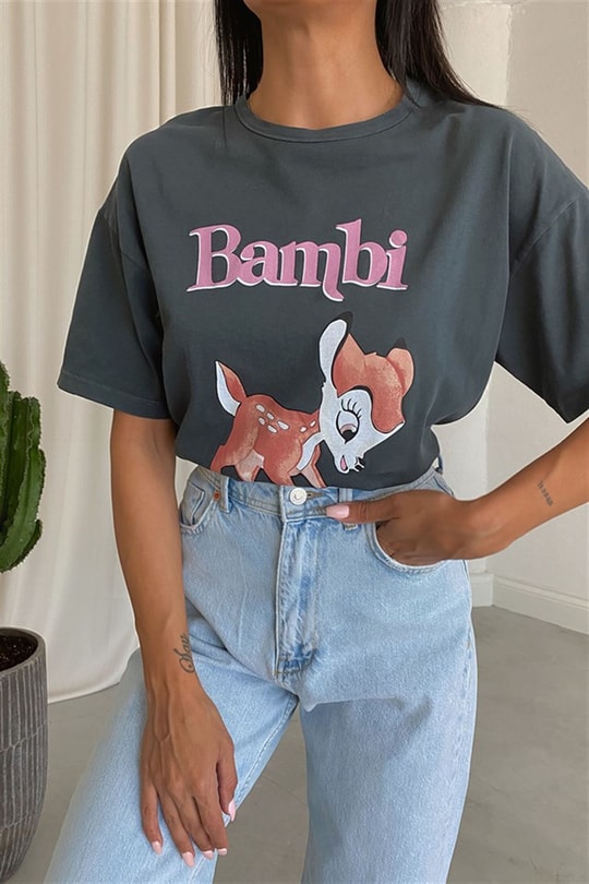 Bambi Yıkamalı T-Shirt Füme