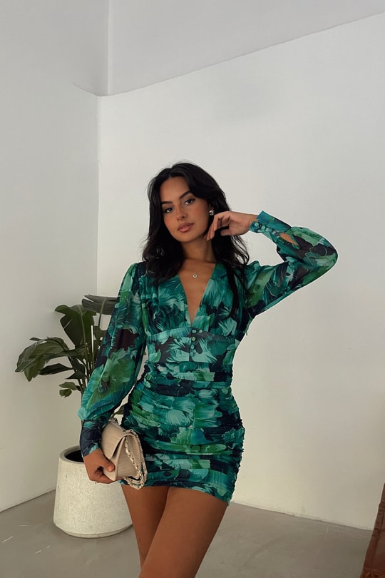 Drape V Yaka Rose Elbise Yeşil