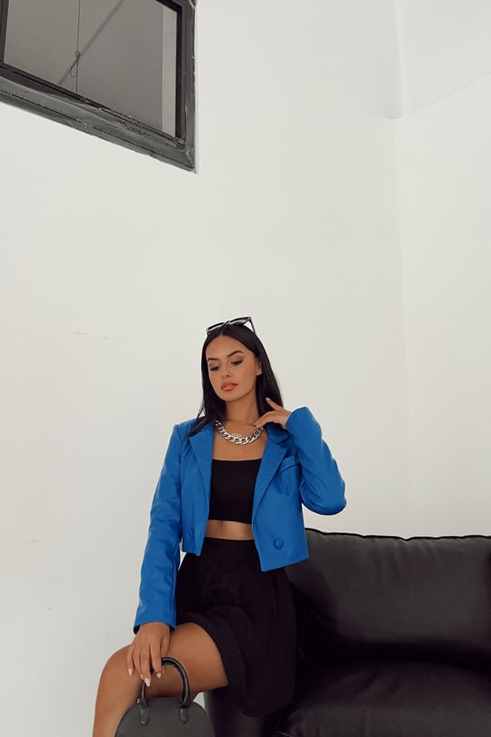Kruvaze Crop Deri Ceket Mavi