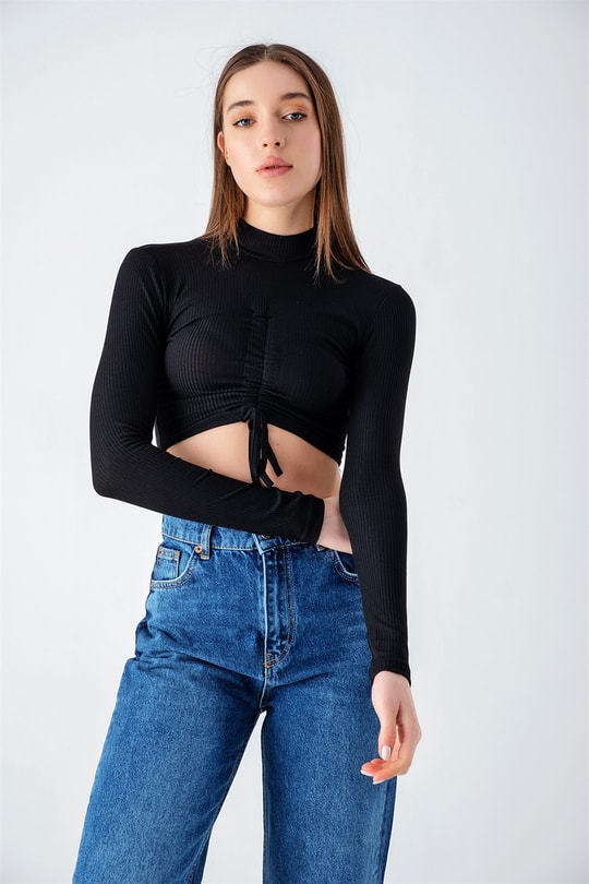 Ön Büzgülü Fitilli Crop Siyah
