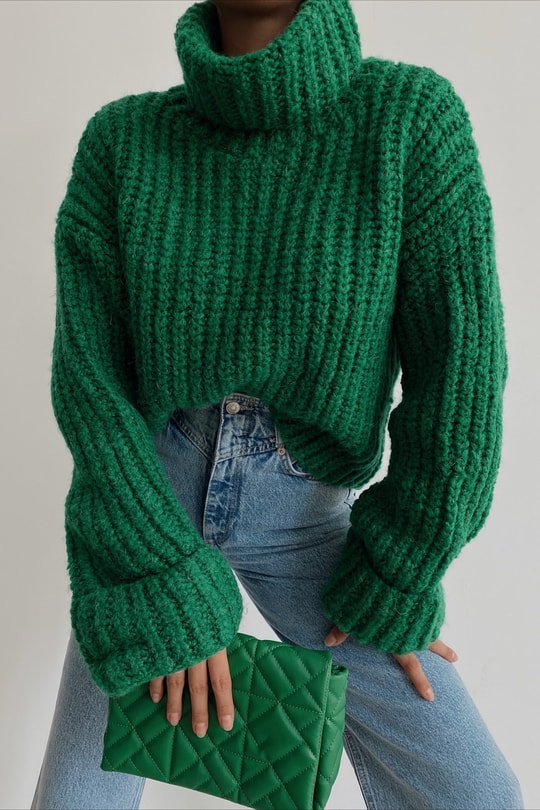 Oversize Balıkçı Yaka Fitilli Kazak Yeşil