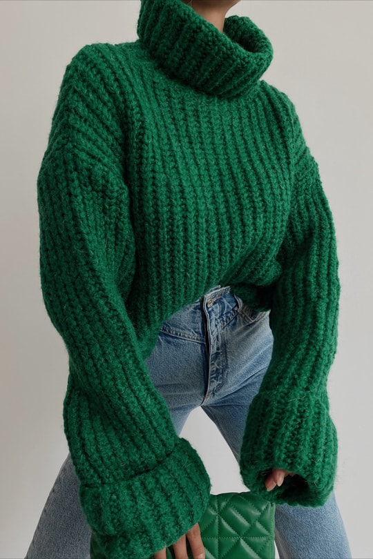 Oversize Balıkçı Yaka Fitilli Kazak Yeşil