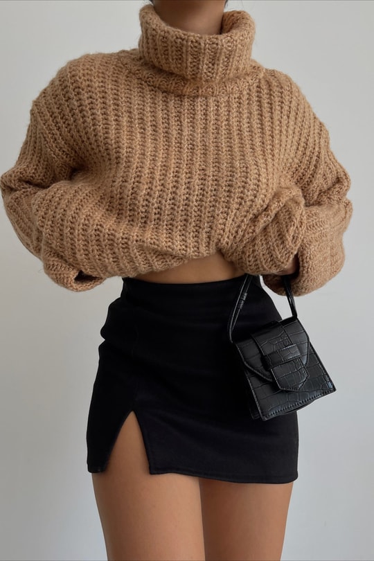 Oversize Balıkçı Yaka Fitilli Kazak Camel