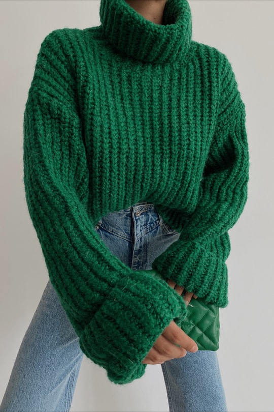 Oversize Balıkçı Yaka Fitilli Kazak Yeşil