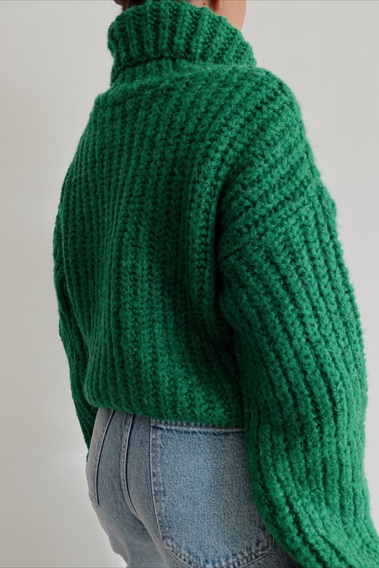 Oversize Balıkçı Yaka Fitilli Kazak Yeşil