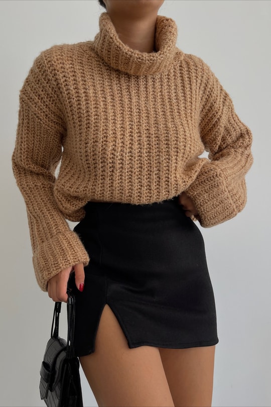 Oversize Balıkçı Yaka Fitilli Kazak Camel