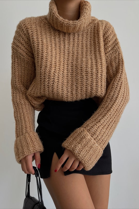 Oversize Balıkçı Yaka Fitilli Kazak Camel