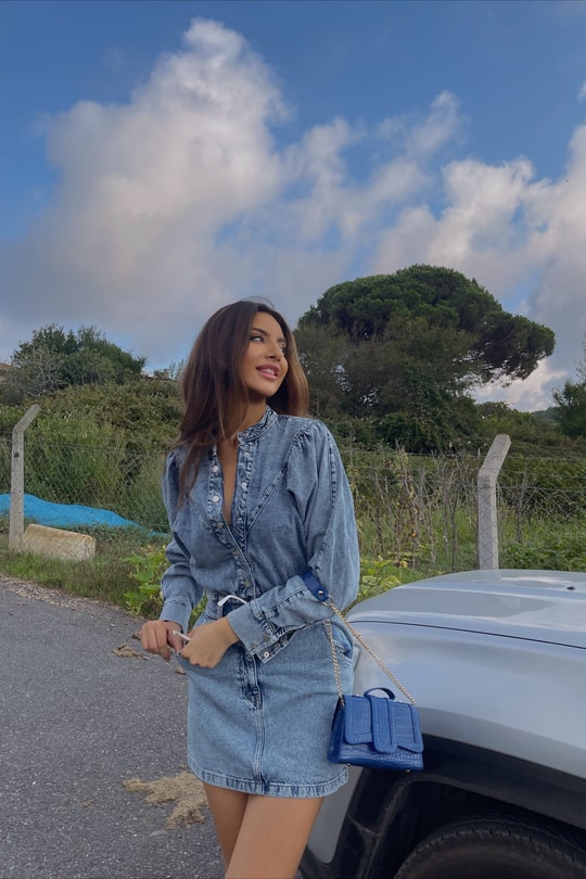 Vintage Balon Kol Denim Elbise Mavi
