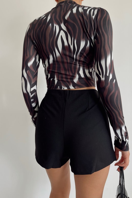 Zebra Desen Wild Bluz Koyu Kahve