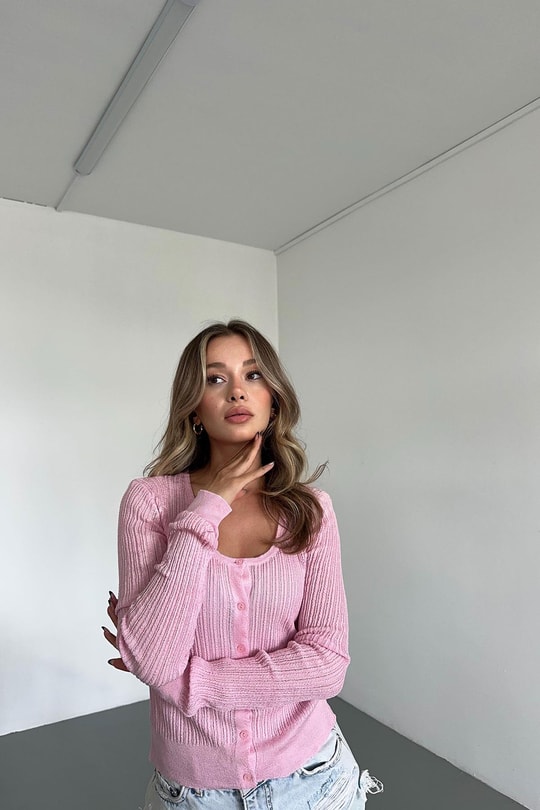 Açık Yaka İnce Hırka Pembe