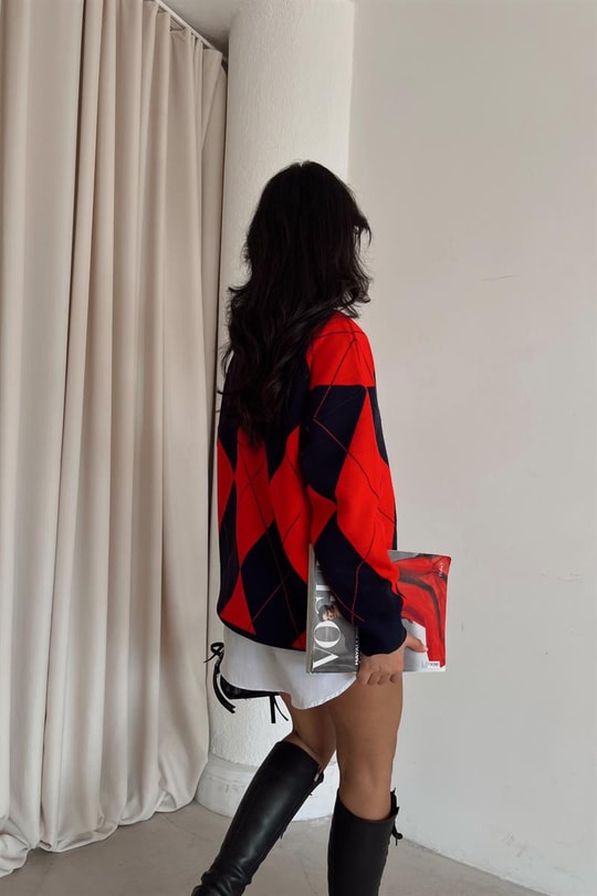 Baklava Desen Duo Triko Kazak Kırmızı