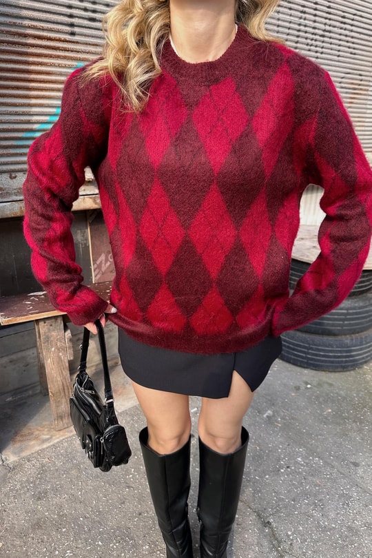 Baklava Desen Oversize Kazak Bordo