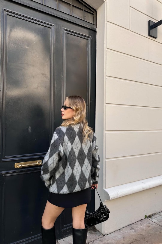 Baklava Desen Oversize Kazak Gri