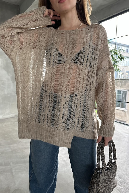 Balıksırtı Oversize Kazak Bej