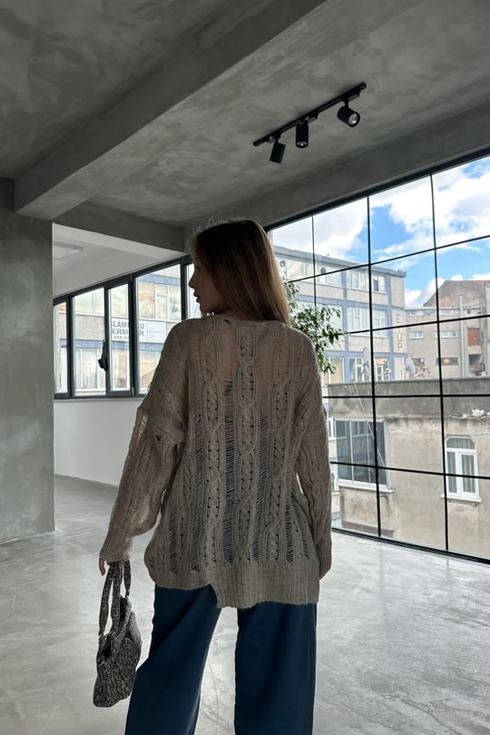 Balıksırtı Oversize Kazak Bej