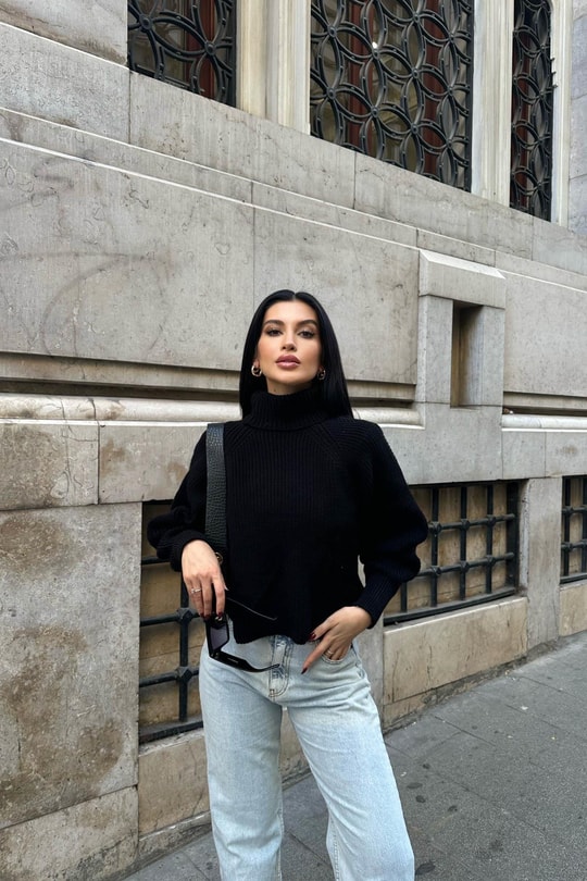 Balon Kol Bağlamalı Triko Kazak Siyah