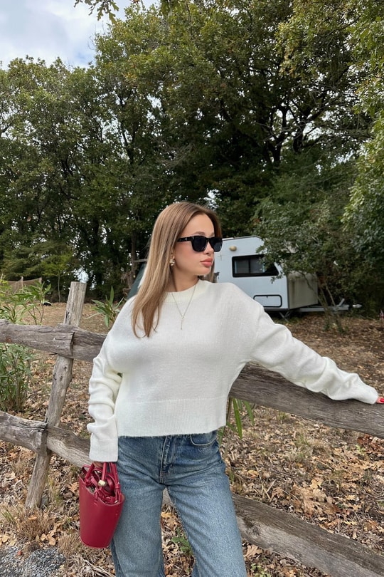 Bisiklet Yaka Crop Kazak Beyaz