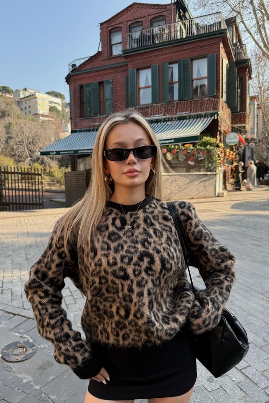 Bisiklet Yaka Leopar Kazak Kahve