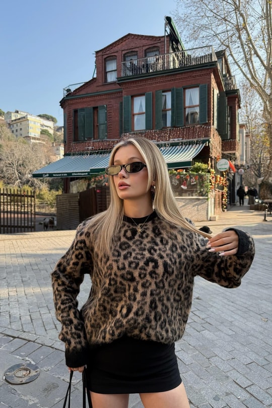 Bisiklet Yaka Leopar Kazak Kahve