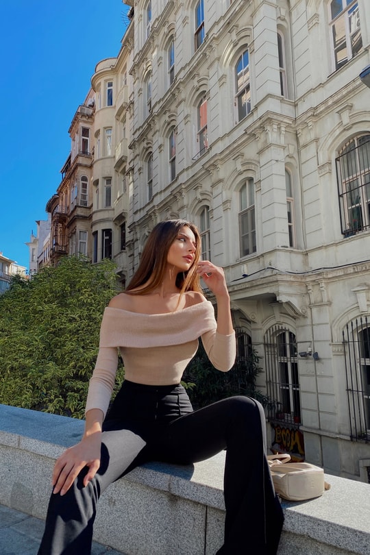 Carmen Yaka Triko Kazak Taş