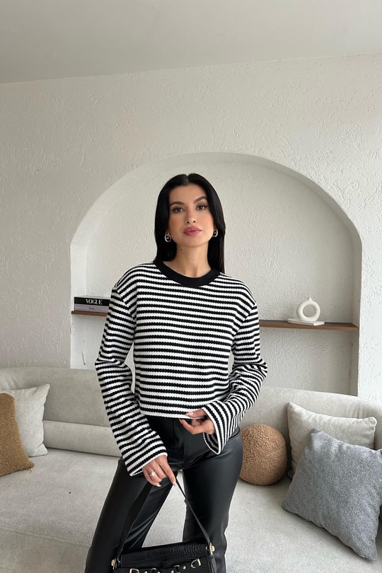 Çelik Örme Çizgili Oversize Kazak Siyah-Beyaz