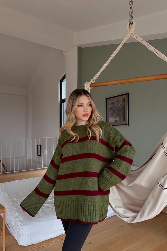 Çizgili Oversize Kazak Haki