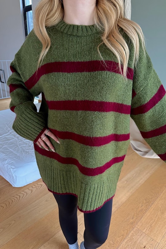 Çizgili Oversize Kazak Haki