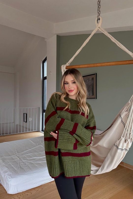 Çizgili Oversize Kazak Haki
