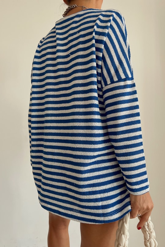 Çizgili Oversize Kazak Saks Mavisi