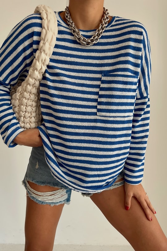 Çizgili Oversize Kazak Saks Mavisi
