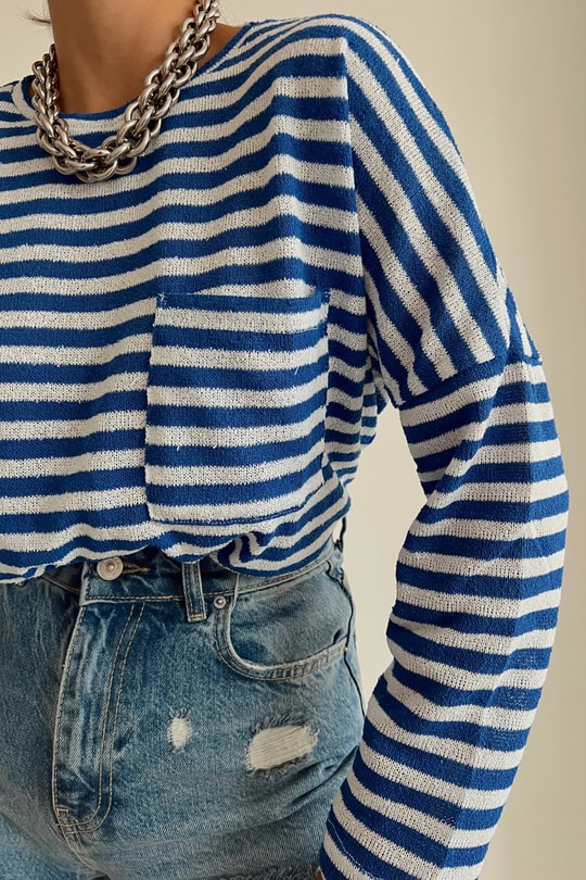 Çizgili Oversize Kazak Saks Mavisi