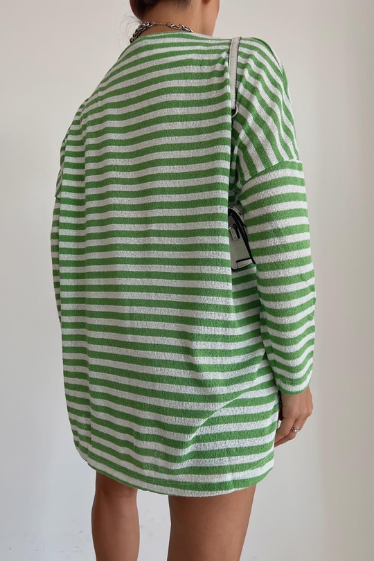 Çizgili Oversize Kazak Yeşil