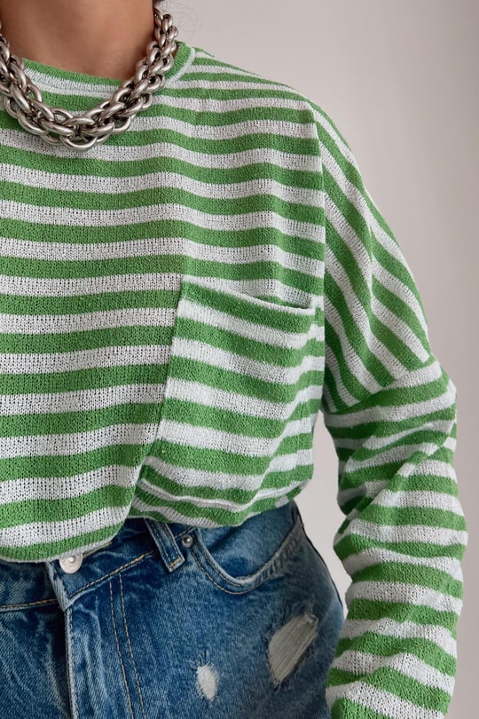 Çizgili Oversize Kazak Yeşil